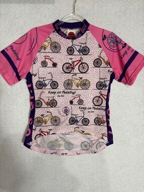 Pink Bicycle Print Kids Cycling Jersey World Jersey Size Small